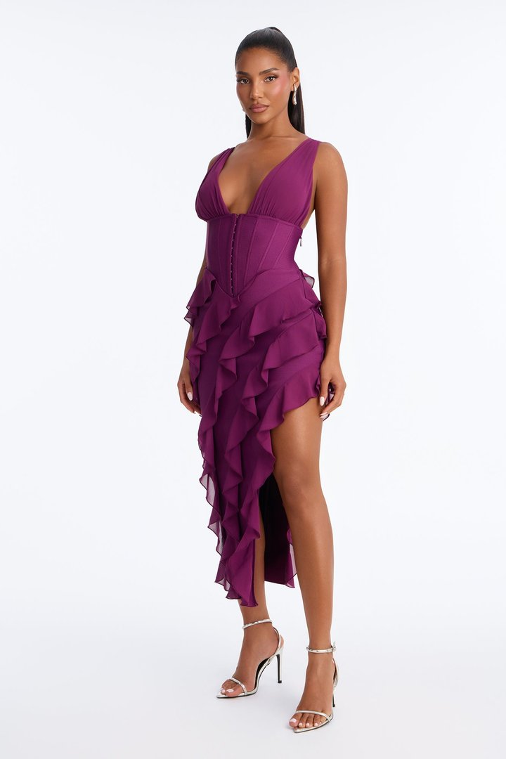 Jocelyn Bandage Ruffle Midi Dress - Plum