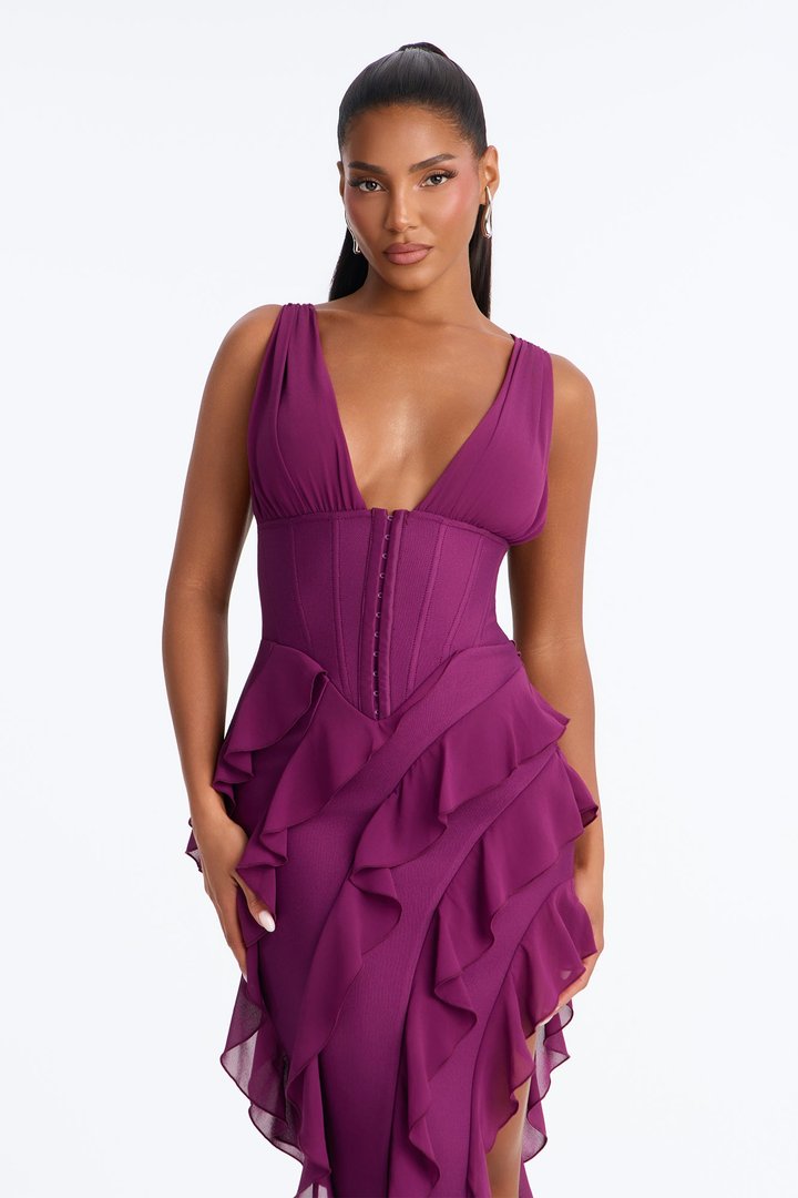 Jocelyn Bandage Ruffle Midi Dress - Plum