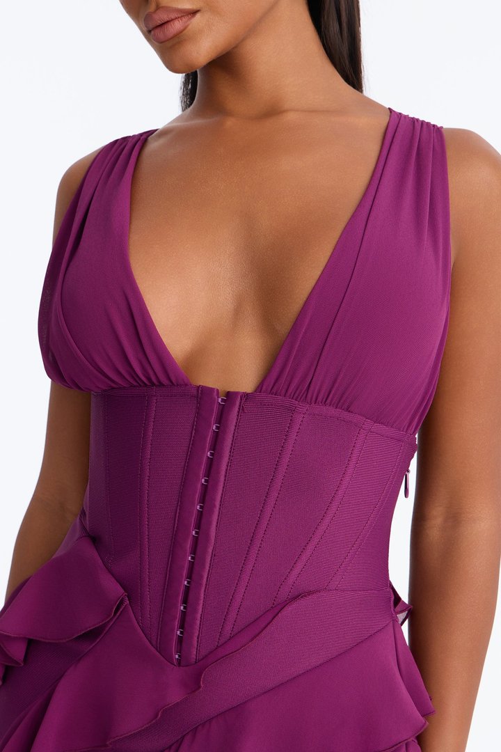 Jocelyn Bandage Ruffle Midi Dress - Plum