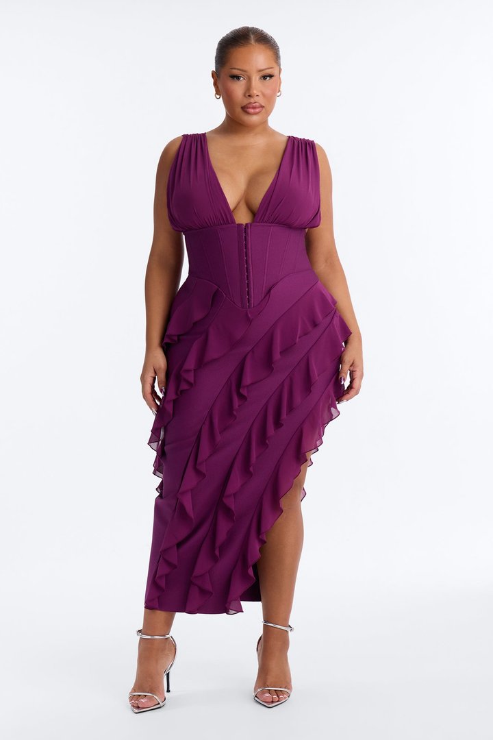 Jocelyn Bandage Ruffle Midi Dress - Plum