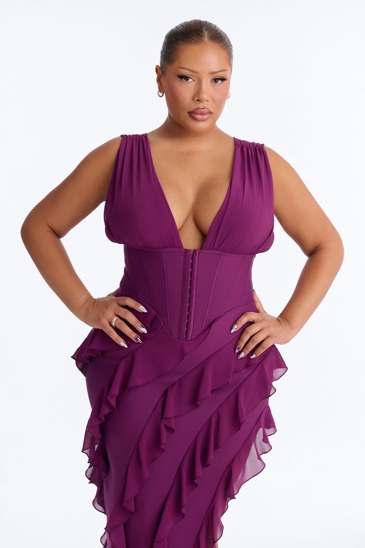 Jocelyn Bandage Ruffle Midi Dress - Plum