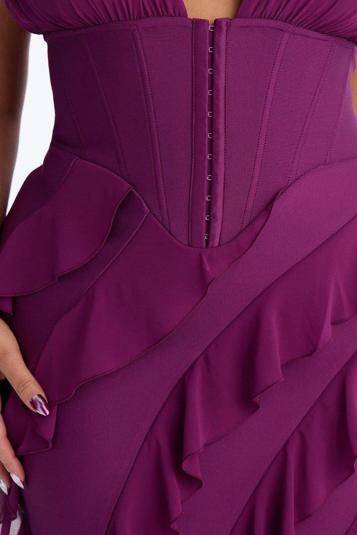 Jocelyn Bandage Ruffle Midi Dress - Plum