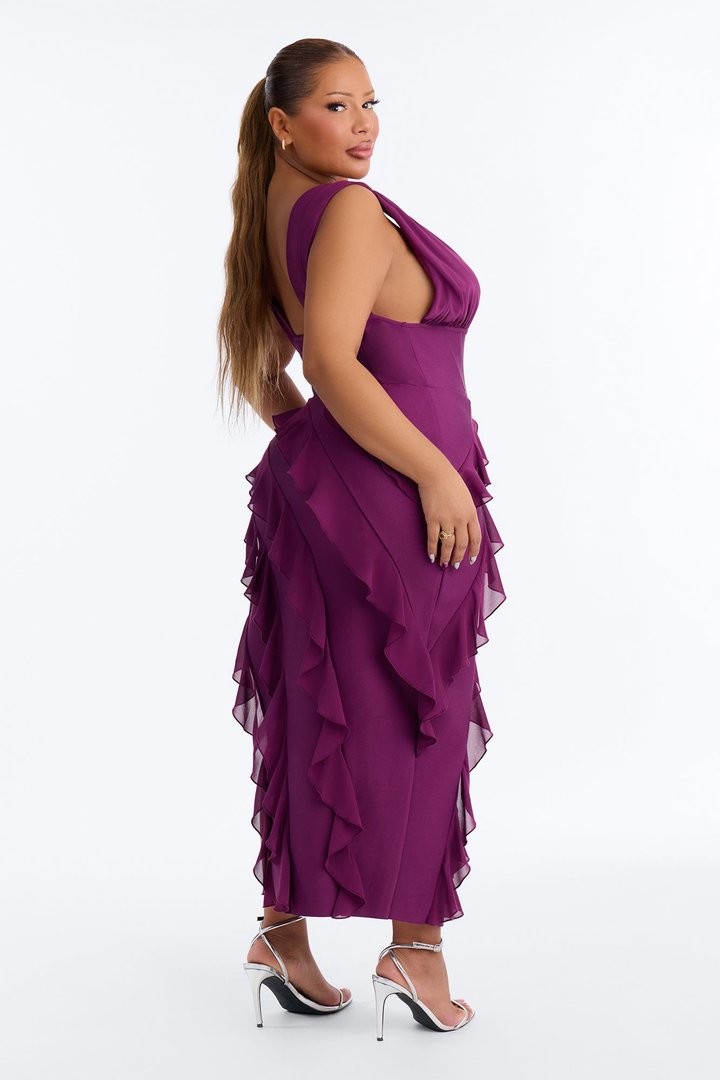 Jocelyn Bandage Ruffle Midi Dress - Plum