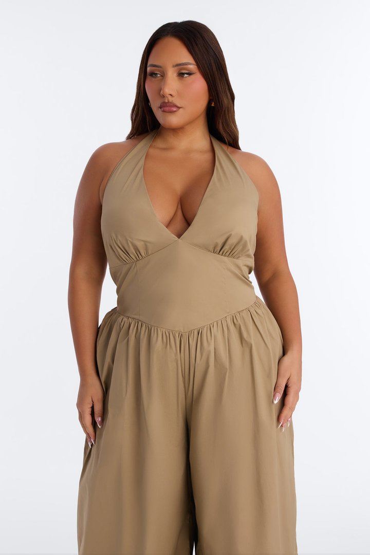 Lighter Than Air Poplin Halter Jumpsuit - Khaki