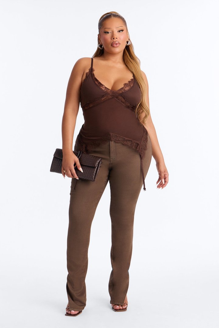 Monroe Lace Trim V-Neck Top - Chocolate