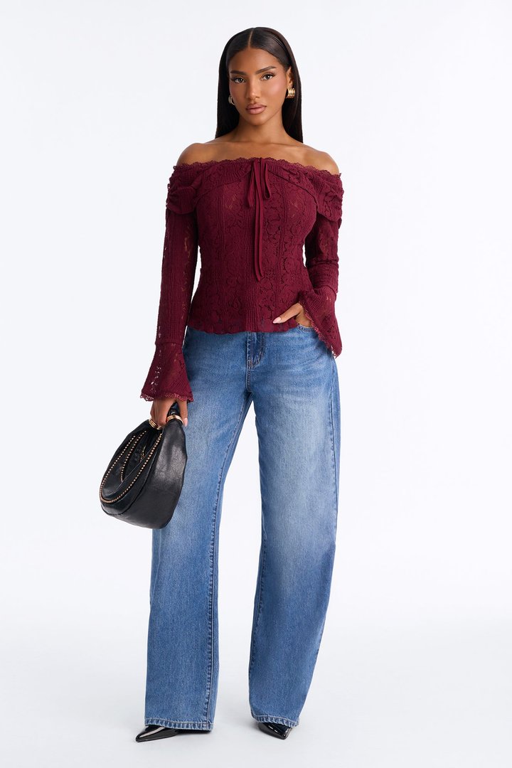 Adoring You Off Shoulder Lace Top - Wine
