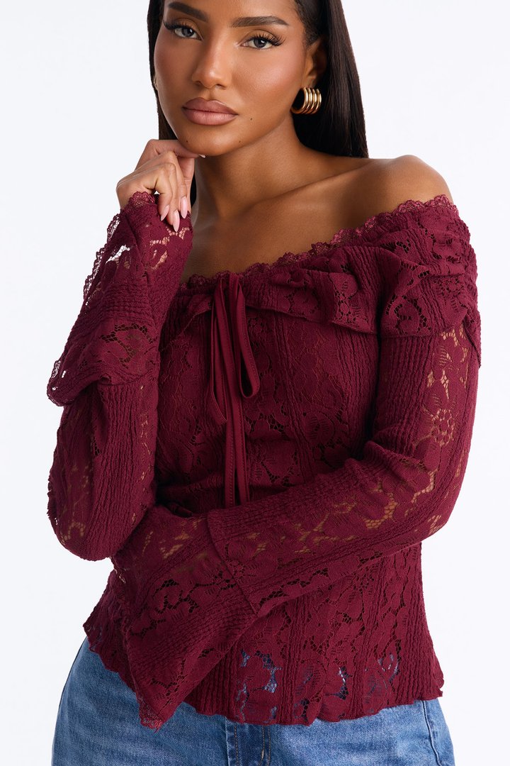 Adoring You Off Shoulder Lace Top - Wine