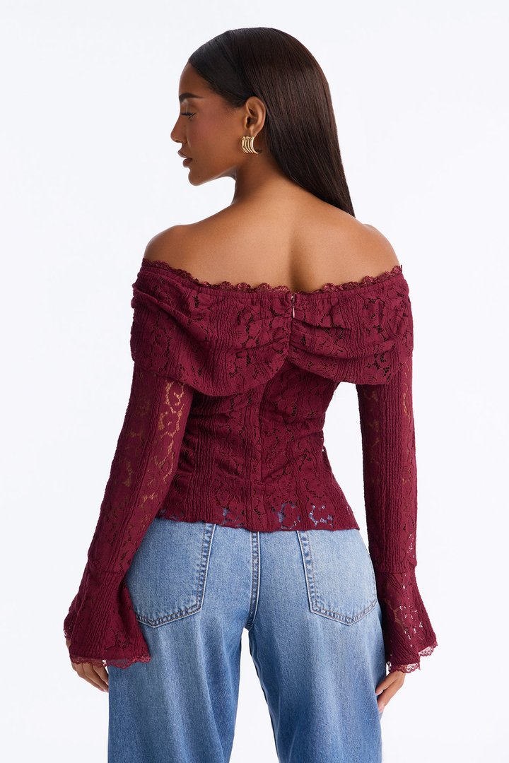 Adoring You Off Shoulder Lace Top - Wine