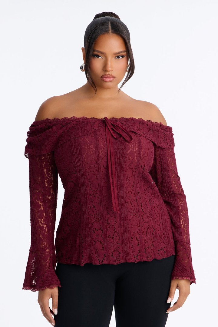 Adoring You Off Shoulder Lace Top - Wine