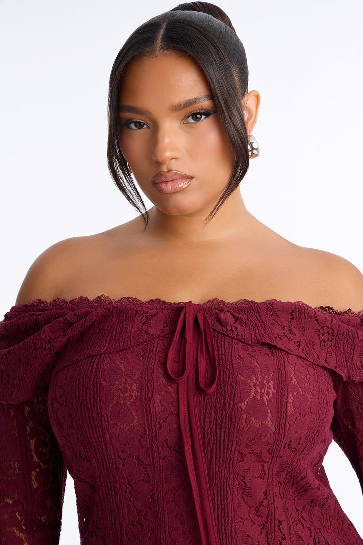 Adoring You Off Shoulder Lace Top - Wine