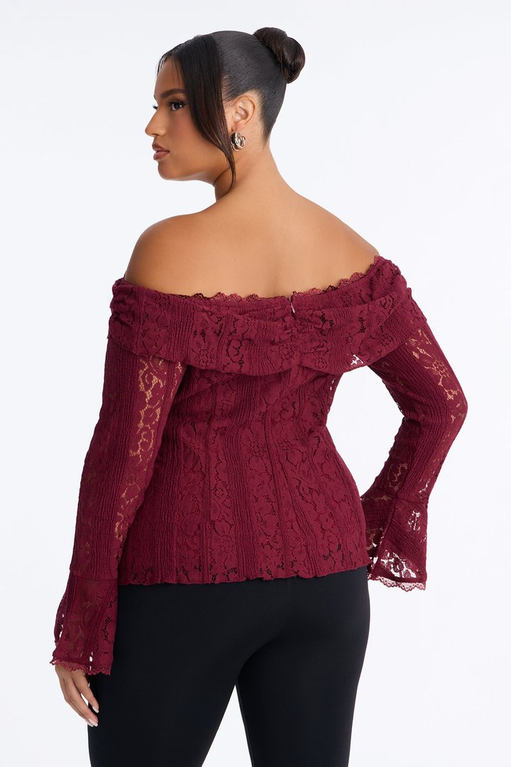 Adoring You Off Shoulder Lace Top - Wine