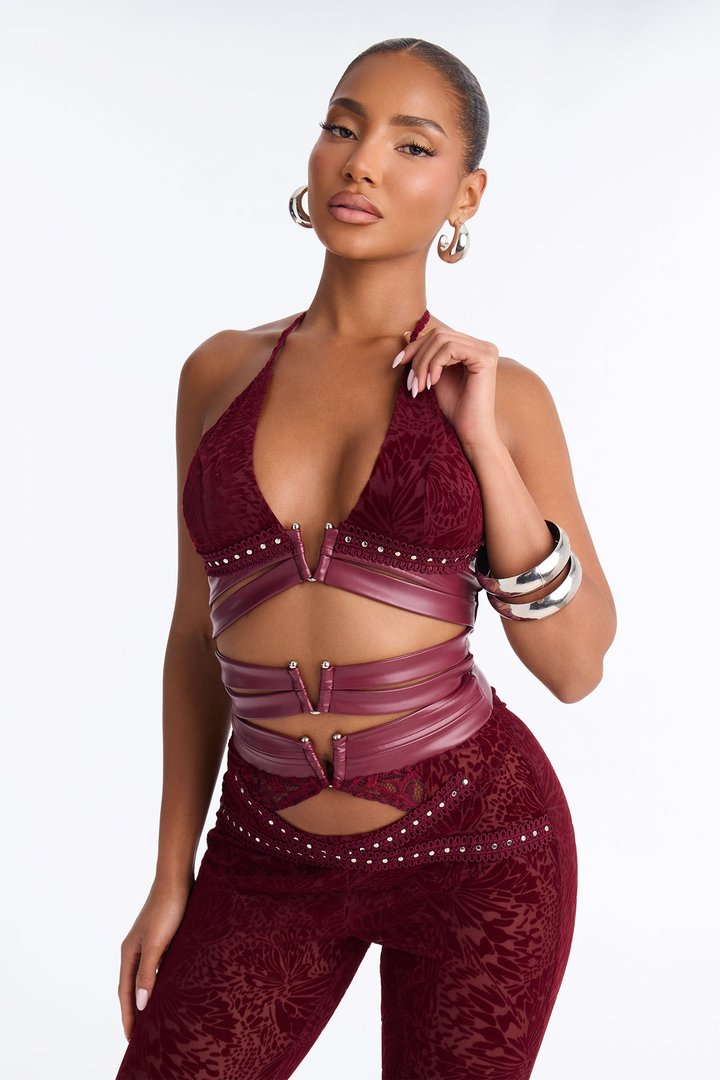 Melania Mesh Jumpsuit - Burgundy