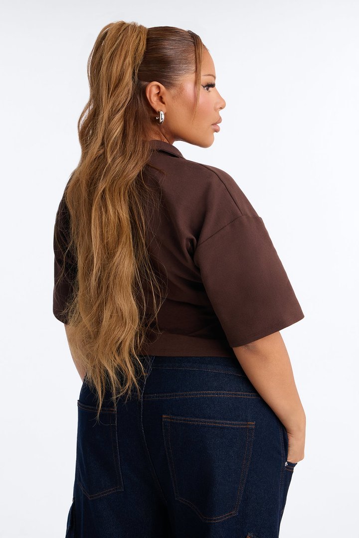 Street Serve Cinched Short Sleeve Polo Top - Chocolate