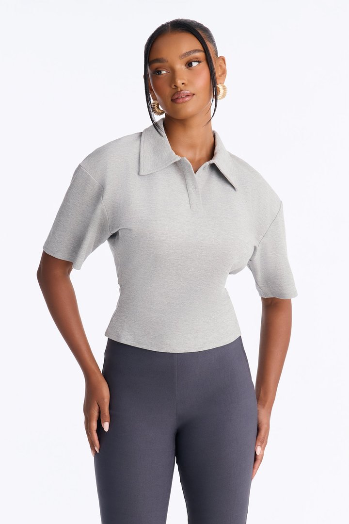 Street Serve Cinched Short Sleeve Polo Top - Heather Grey