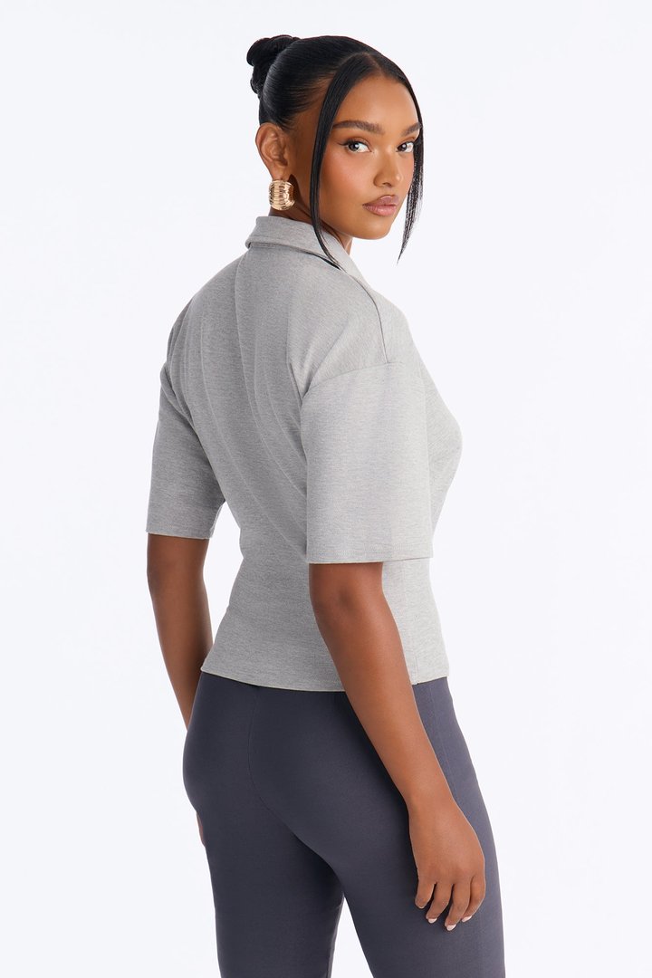 Street Serve Cinched Short Sleeve Polo Top - Heather Grey