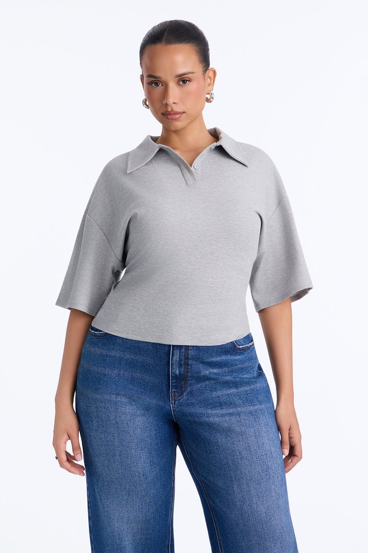 Street Serve Cinched Short Sleeve Polo Top - Heather Grey
