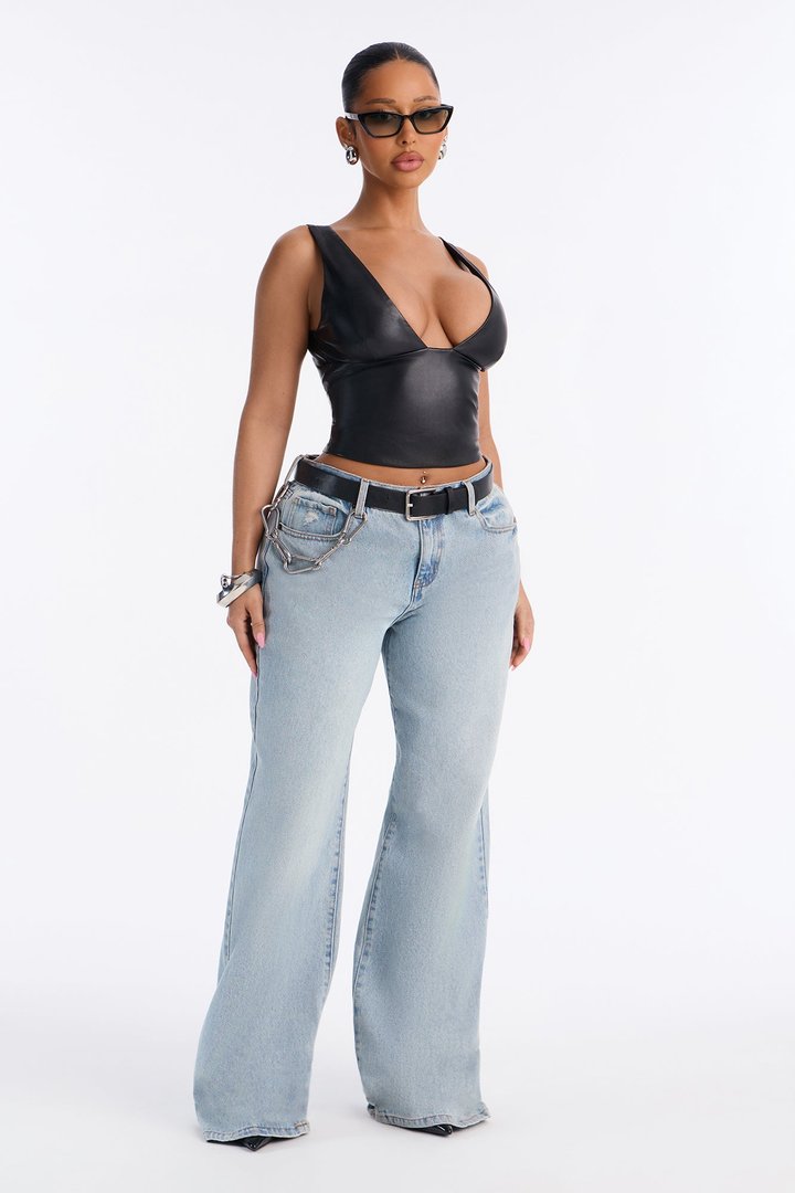 My Favorite Deep V Neck Faux Leather Sleeveless Top - Black