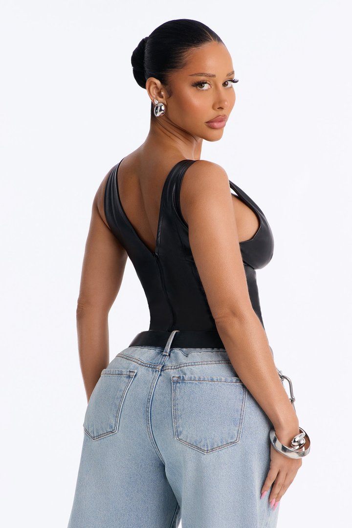 My Favorite Deep V Neck Faux Leather Sleeveless Top - Black