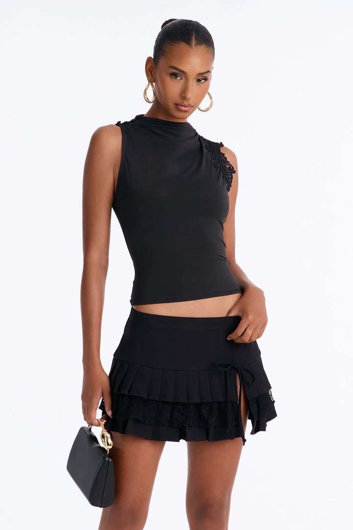 Talia Lace Trim Mock Neck Sleeveless Top - Black
