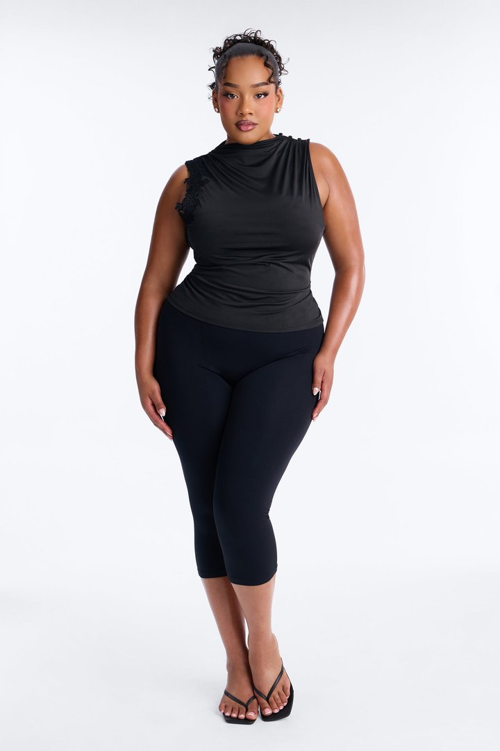 Talia Lace Trim Mock Neck Sleeveless Top - Black