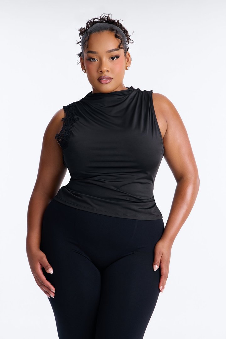 Talia Lace Trim Mock Neck Sleeveless Top - Black