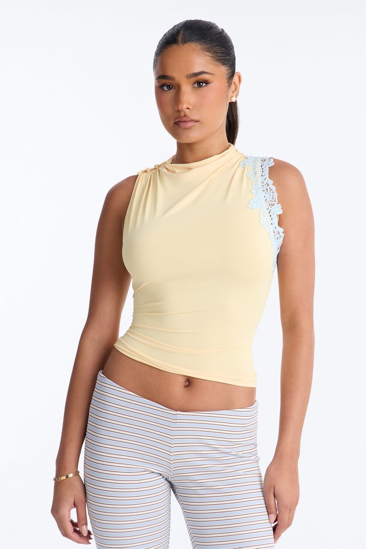 Talia Lace Trim Mock Neck Sleeveless Top - Yellow/combo