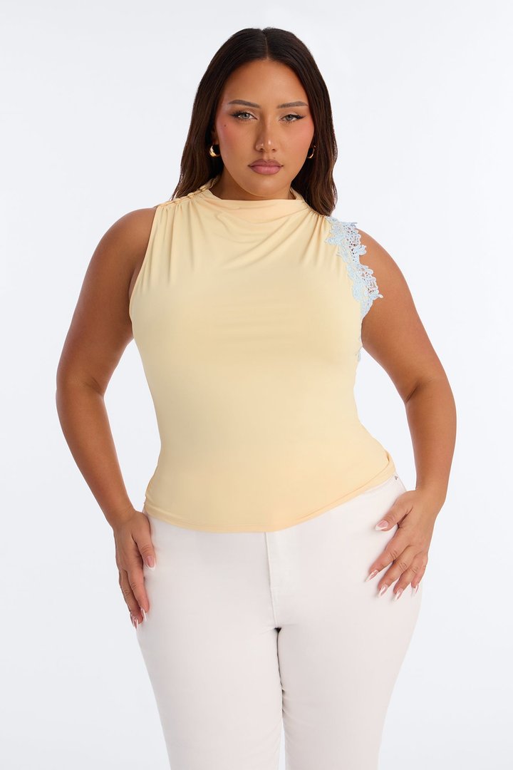 Talia Lace Trim Mock Neck Sleeveless Top - Yellow/combo