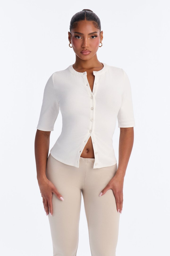 It Girl Elbow Sleeve Ribbed Button Up Top - Ivory
