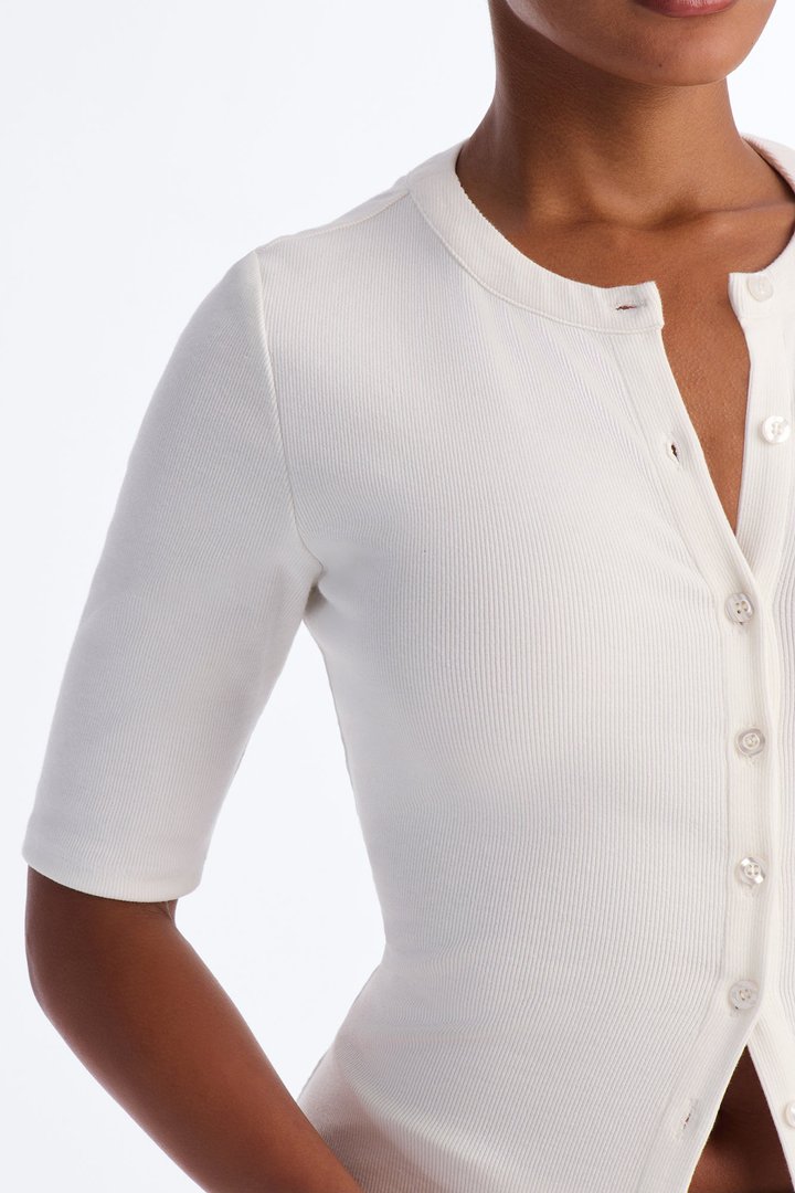 It Girl Elbow Sleeve Ribbed Button Up Top - Ivory
