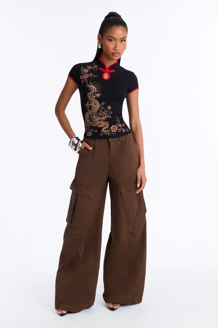 Dragon Dynasty Mock Neck Top - Black/combo