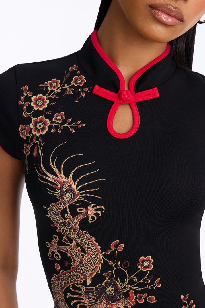 Dragon Dynasty Mock Neck Top - Black/combo