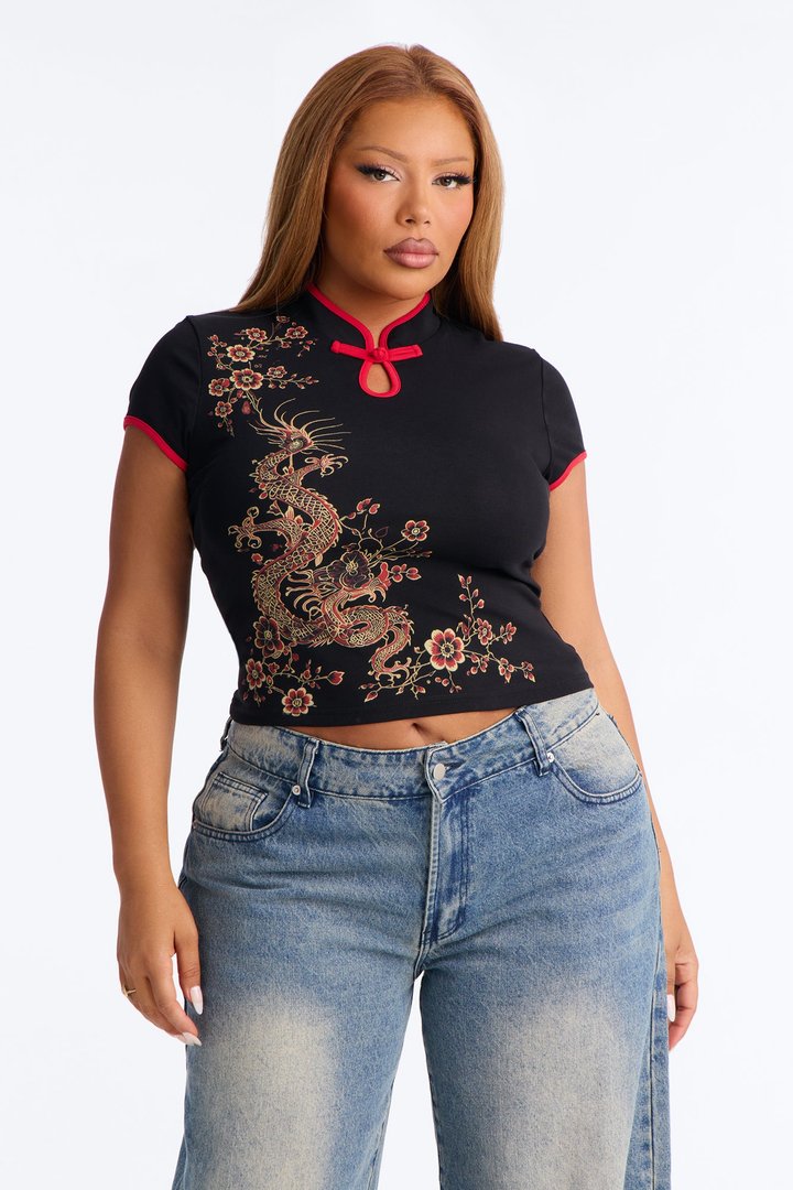 Dragon Dynasty Mock Neck Top - Black/combo