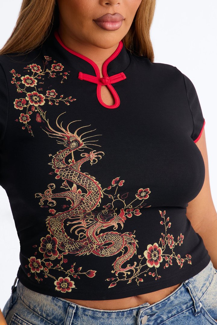 Dragon Dynasty Mock Neck Top - Black/combo
