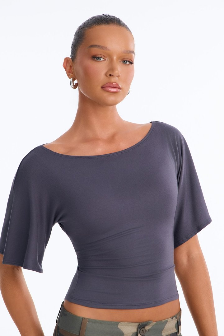 Nicolette Tie Waist Short Sleeve Top - Charcoal
