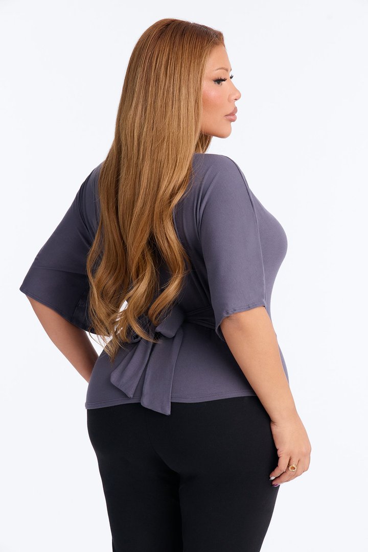 Nicolette Tie Waist Short Sleeve Top - Charcoal