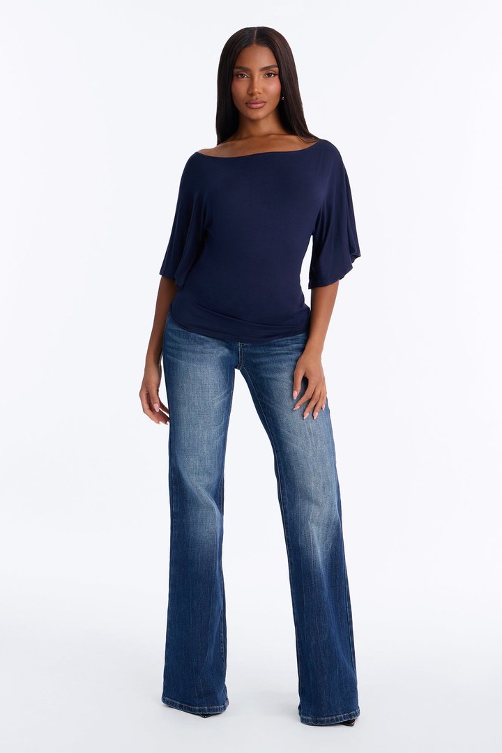 Nicolette Tie Waist Short Sleeve Top - Navy