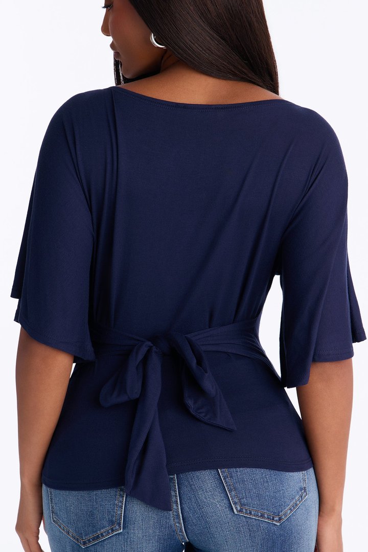 Nicolette Tie Waist Short Sleeve Top - Navy