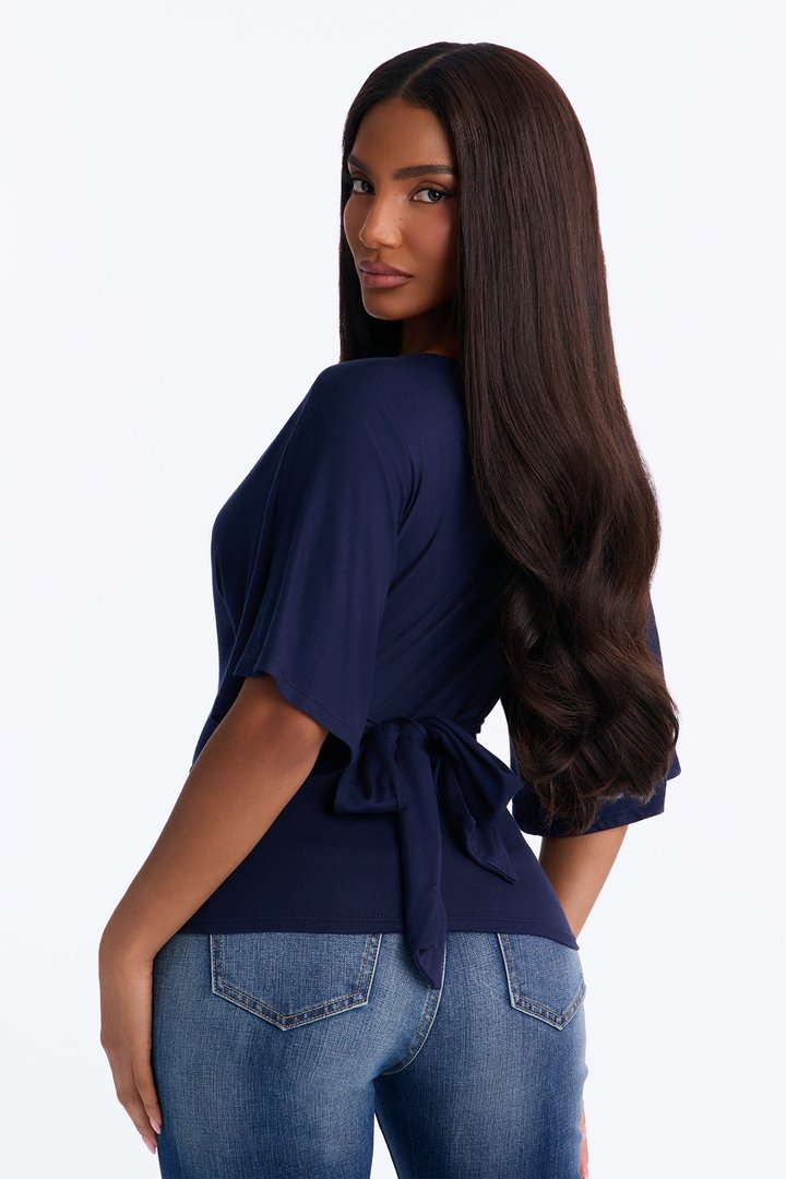 Nicolette Tie Waist Short Sleeve Top - Navy