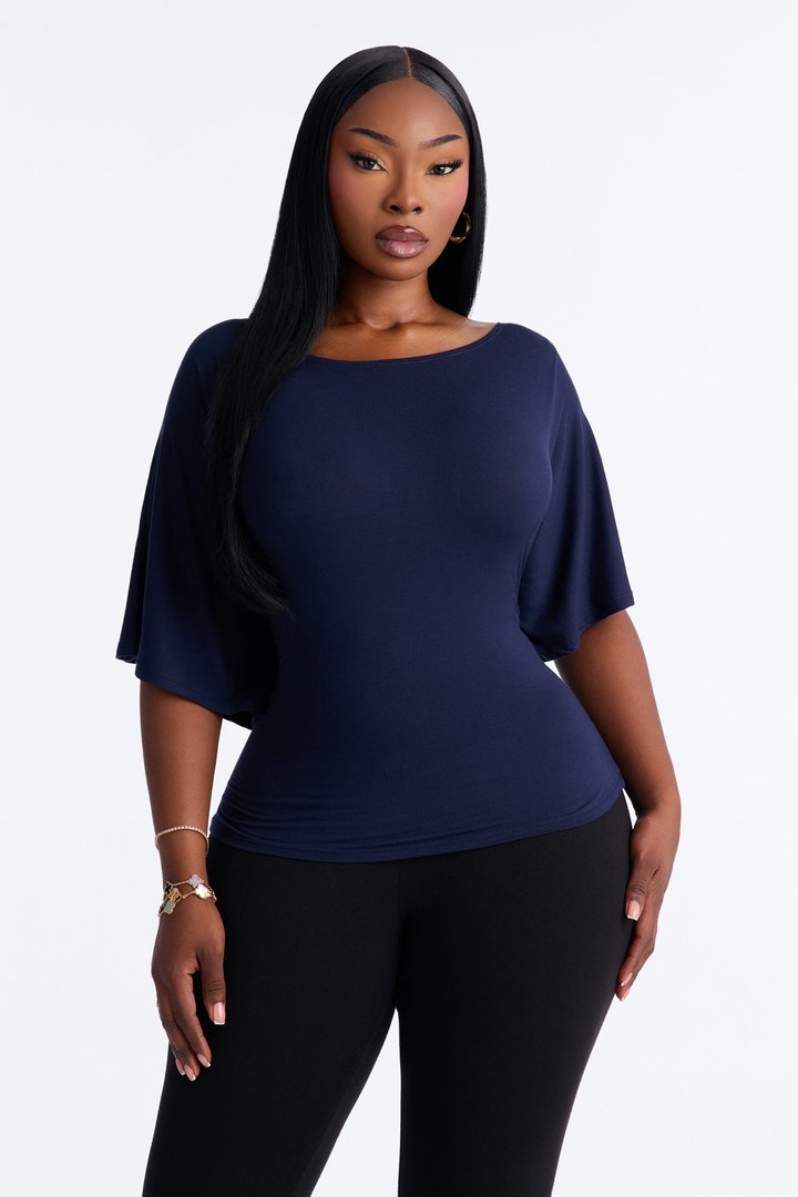 Nicolette Tie Waist Short Sleeve Top - Navy