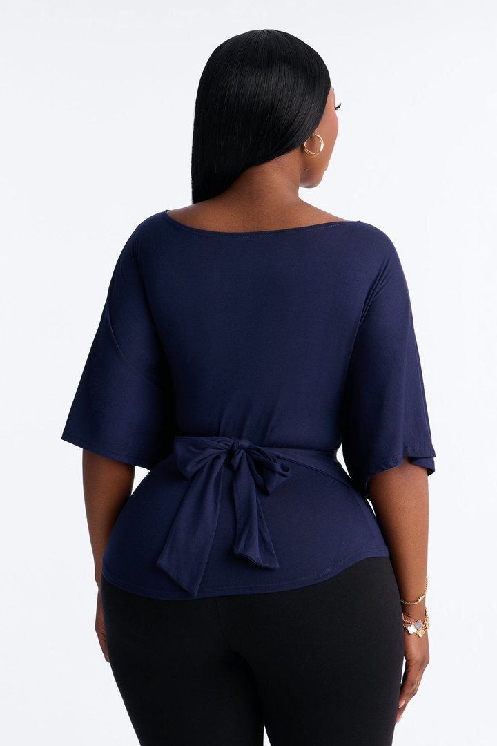 Nicolette Tie Waist Short Sleeve Top - Navy