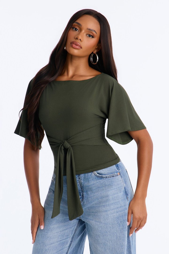 Nicolette Tie Waist Short Sleeve Top - Olive