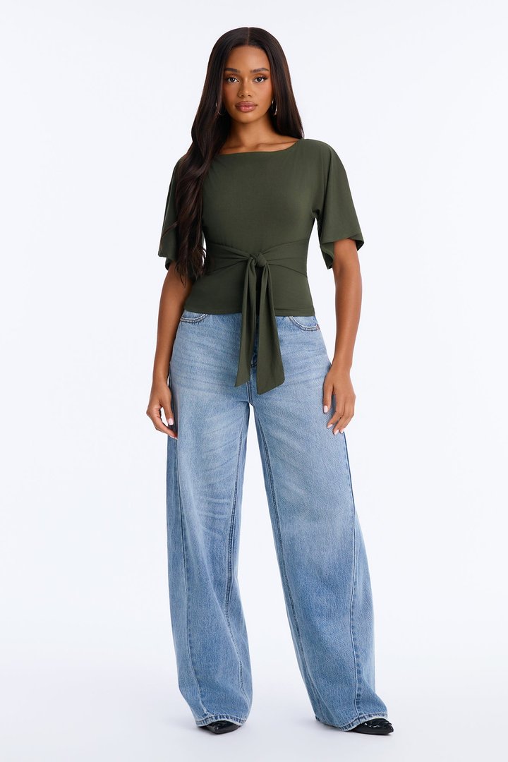 Nicolette Tie Waist Short Sleeve Top - Olive