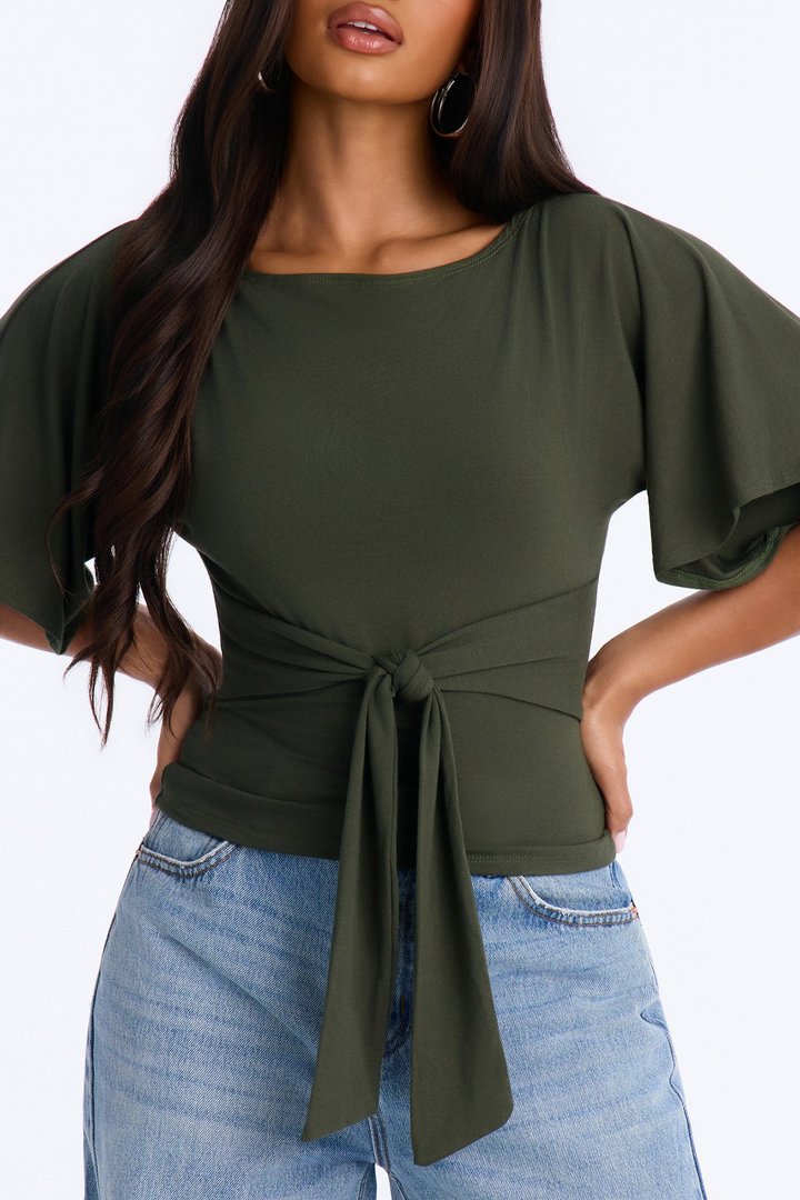 Nicolette Tie Waist Short Sleeve Top - Olive