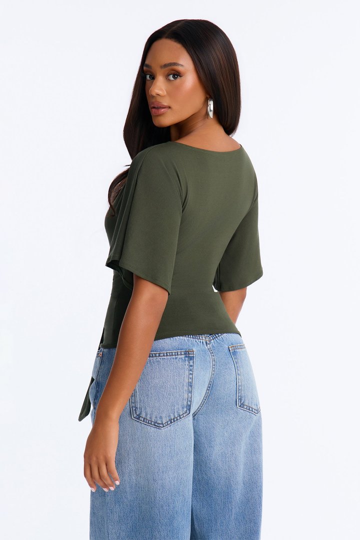 Nicolette Tie Waist Short Sleeve Top - Olive
