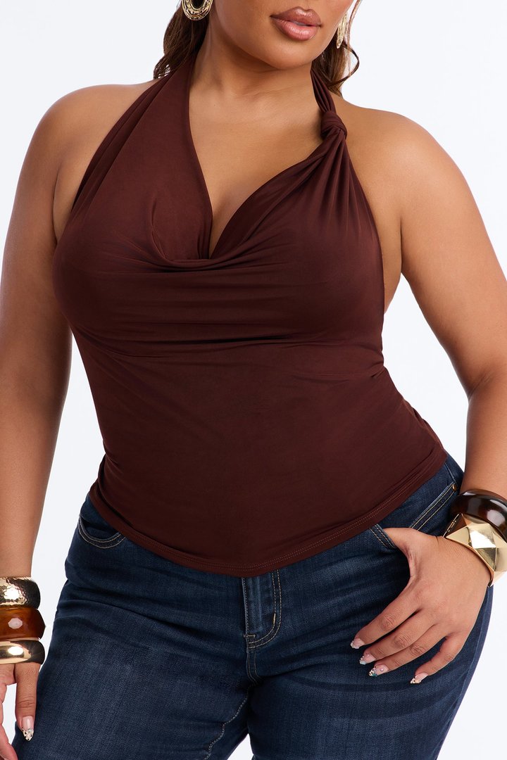 Golden Hour Cowl Neck Knot Halter Top - Brown