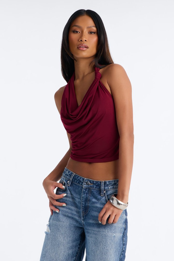 Golden Hour Cowl Neck Knot Halter Top - Burgundy