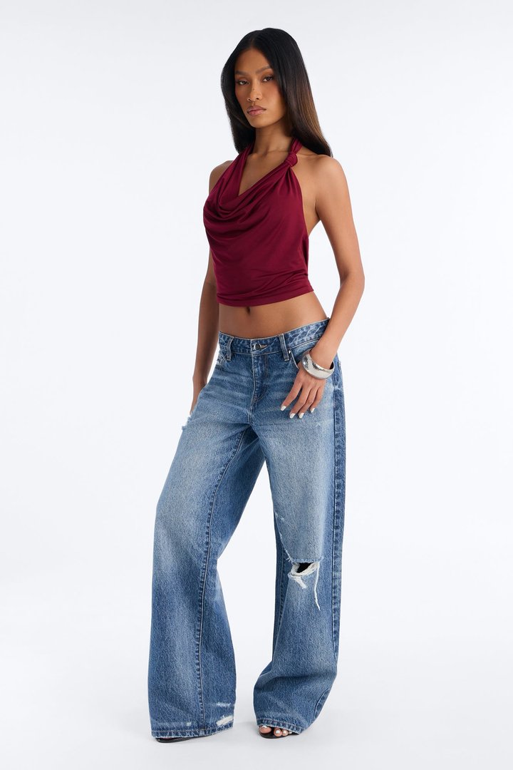 Golden Hour Cowl Neck Knot Halter Top - Burgundy