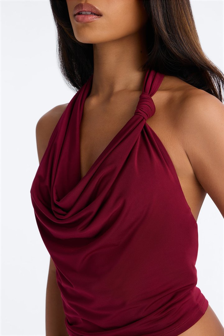 Golden Hour Cowl Neck Knot Halter Top - Burgundy