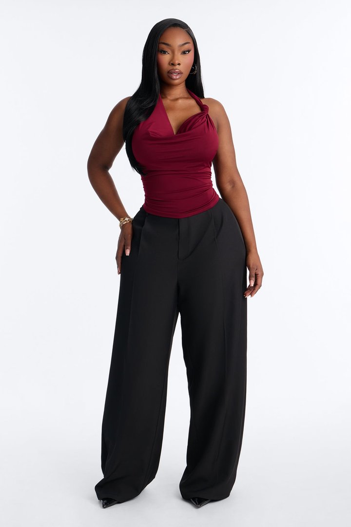 Golden Hour Cowl Neck Knot Halter Top - Burgundy
