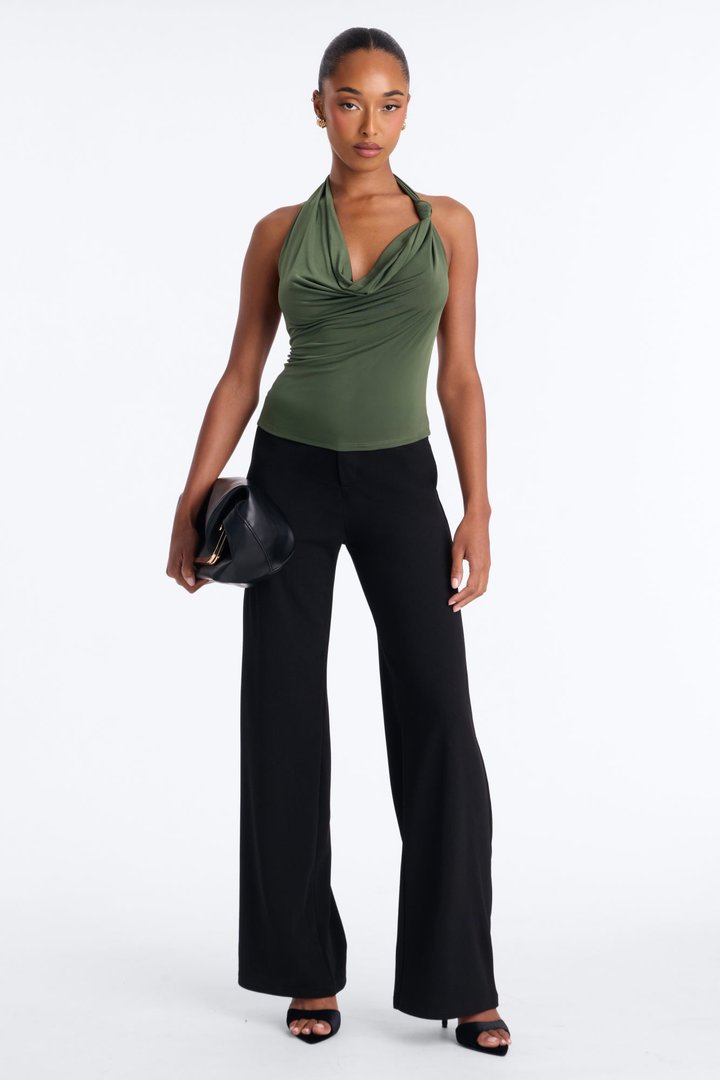 Golden Hour Cowl Neck Knot Halter Top - Olive